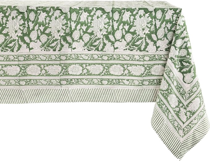 ATOSII Meraki Green 100% Cotton Rectangle Tablecloth, Hand Block Print Washable Table Cover, Dining, Christmas Parties, Outdoors, Weddings, Thanksgiving, Halloween Fall Decor 60 X 108 Inches, 8 Seater