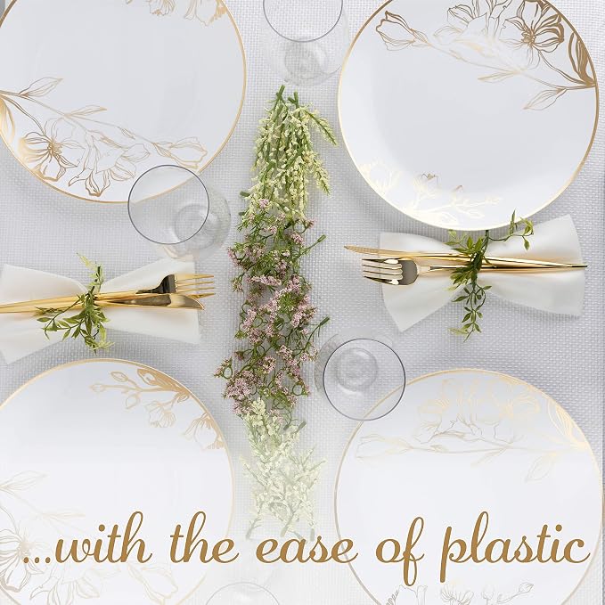 PLASTICPRO White Plastic Floral Design Party Plates With Gold Rim Premium heavyweight Elegant Disposable Tableware Dishes (120, 10'' INCH PLATES)