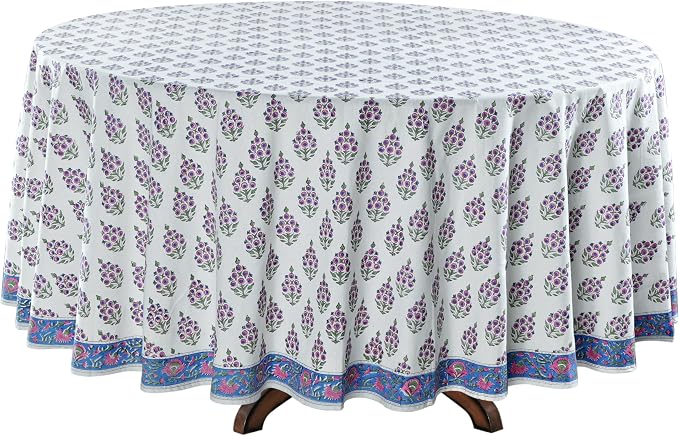 Ridhi Round Tablecloth Hand Block Print 100% Cotton Reusable Ruddy Blue 132 Inch Table Cover Decorative Everyday Use for Dining, Home, Party, Wedding, Farmhouse, Party Gift for Spring, Mother's Day