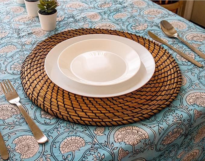 Block Print Table Cloth- 54x108 Inch Rectangle 100% Cotton Handmade Pre-Shrink, Washable Kitchen & Dining Perfect for Patio, Indoor & Outdoor, Farmhouse