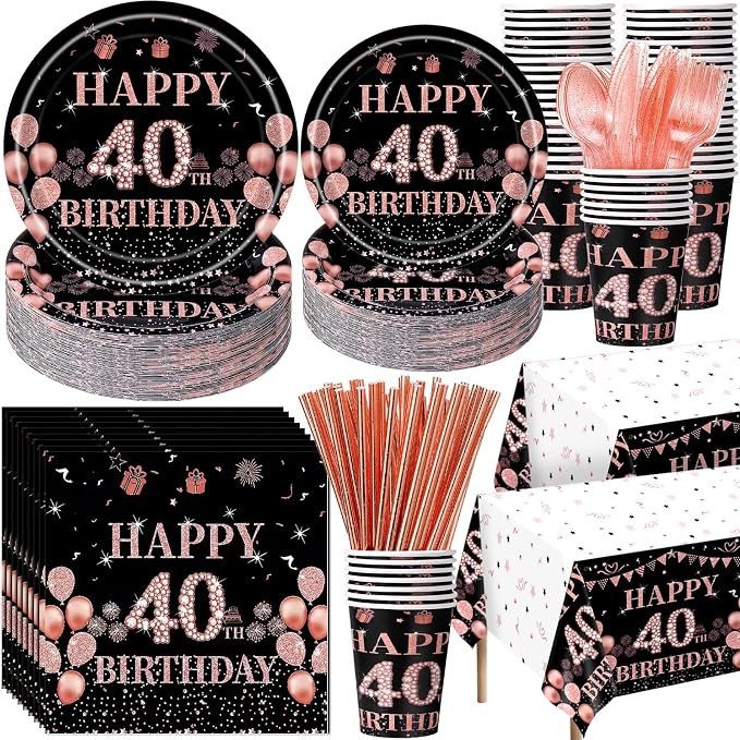 Funnymoom 452 Pcs 40th Birthday Decorations for Women Black and Rose Gold 40th Birthday Paper Plates Cups Napkins Tablecloth Cutlery Straws for Girls Women 40 Year Old Party Supplies for 50 Guests
