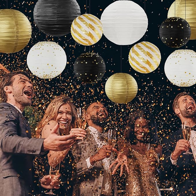 Black and Gold Hanging Paper Lanterns Decorations Graduation 2026 12pcs Paper Lanterns Decorative for Great Gatsby Theme Birthday Retirement Party Decorations