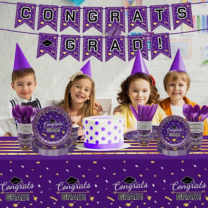 Graduation Decorations 2026,147 PCS Purple and Gold Graduation Decorations,Graduation Party Decorations,Disposable Grad Graduation Tableware Banner Graduation Plates Cups Tablecloth for 24 Guests