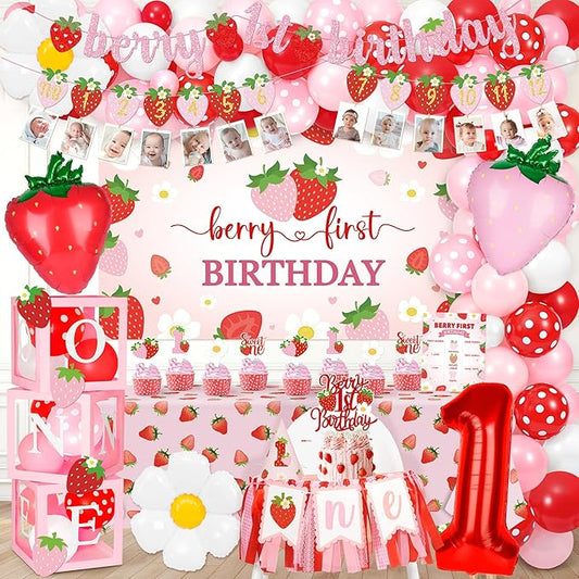 Kriyokiaa Berry First Birthday Decor Strawberry 1st Birthday Decorations for Girls with Pink Red Balloon Arch, Highchair Banner Strawberry Theme Backdrop, Photo Banner, Cake Topper