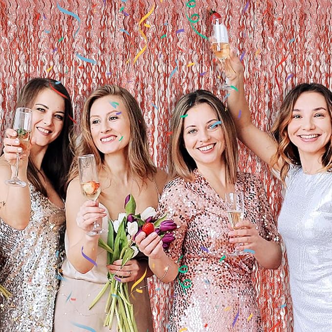BOMSI Rose Gold Tinsel Foil Fringe Curtains Wavy Backdrop for Parties Sparkle Metallic Wavy Foil Fringe Backdrop Curtain Photo Booth Props Birthday Graduation Wedding Bachelorette Party Decorations