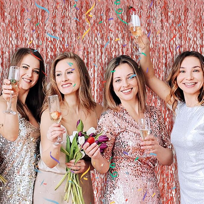 Rose Gold Tinsel Foil Fringe Curtains Wavy Backdrop for Parties Sparkle Metallic Wavy Foil Fringe Backdrop Curtain Photo Booth Props Birthday Graduation Wedding Bachelorette Party Decorations