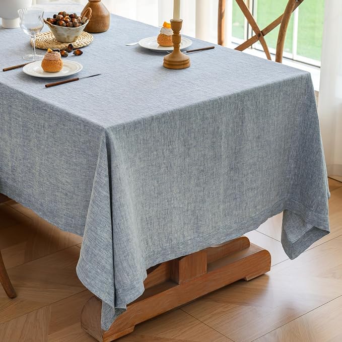 Linen World Yarn-Dyed Linen Tablecloth 60x120inch, Denim Look Table Cover, 100% French Linen Chambray Blue, Soft & Breathable Natural Flax, Washed Table Cloth for Dining & Everyday Use