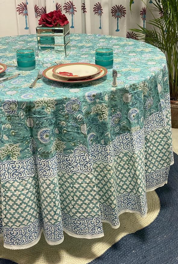 Ridhi Round Tablecloth Hand Block Print 100% Cotton Reusable Turquoise & Steel Blue 110 Inch Table Cover Decorative Everyday Use for Dining, Home, Wedding, Farmhouse Gift for Spring, Mother's Day
