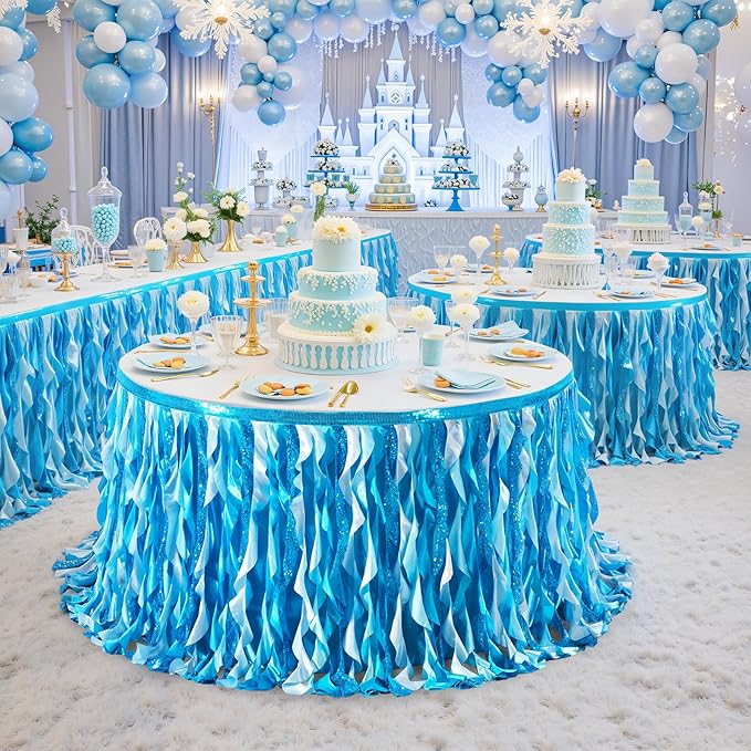 Wish Care 6ft Blue Sequin Table Skirt for Rectangle Tables Curly Willow Ocean Tutu Skirt Under The Sea Baby Shark Ruffle Table Cloth Desk Skirts for Birthday Baby Shower Theme Party Table Decorations