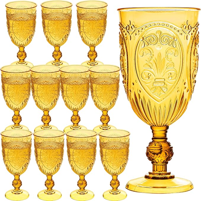 Plastic Wine Glasses 12Pcs Plastic Goblets 7.5oz Colored Retro Embossed Glassware Vintage Stemmed Drinking Cup Reusable Water Goblets for Wedding Reception Grand Event Party Bar,Whiskey (Amber)