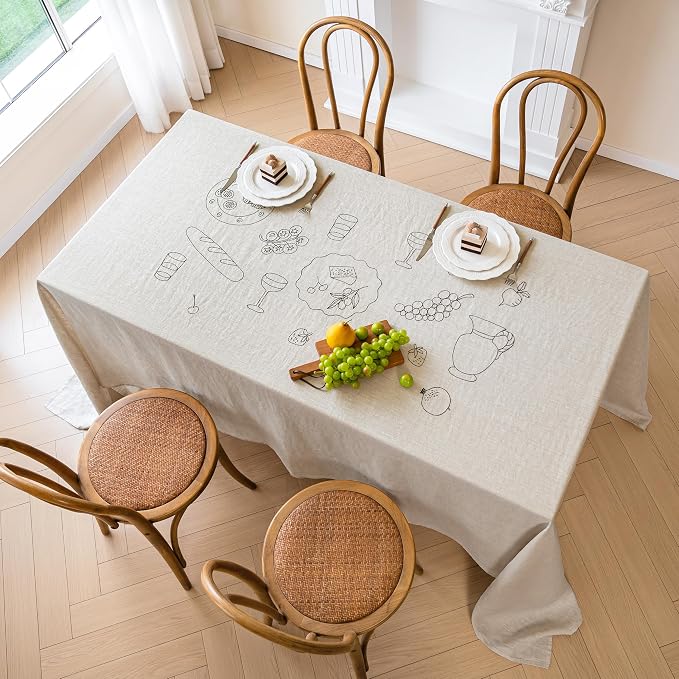 Linen World Embroidered Linen Tablecloth Large 70x118inch,100% French Linen Pre-Washed Table Cloth,Natural Flax Table Cover for Elegant Dining,Banquet Embroidery