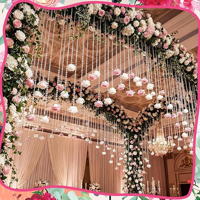 Norme 16pcs 31.4 Inch Wedding Rose Hanging Garland Crystal Beaded String Garland Artificial Rose Flower Decor for Wedding Engagement Bridal Shower Party Valentine's Day Party Decorations