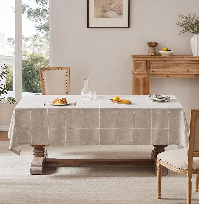 ZeeMart Grid Embroidered Tablecloths 60x104 Inch (Fit 6ft–7ft, Narrow Fit 8ft Rectangle Table), Taupe Farmhouse Heavy Weight Cotton Linen Water Resistant Boho Table Cloth