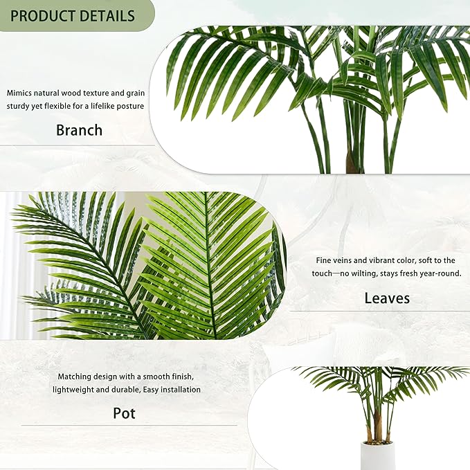 Artificial Palm Tree 7FT Faux Plants Indoor Tropical Fake Palm Tree Areca Floor Plant in White Pot with 18 Trunks & Real Bark Design, Faux Palm Plant for Outdoor Patio Home Room Office Decor