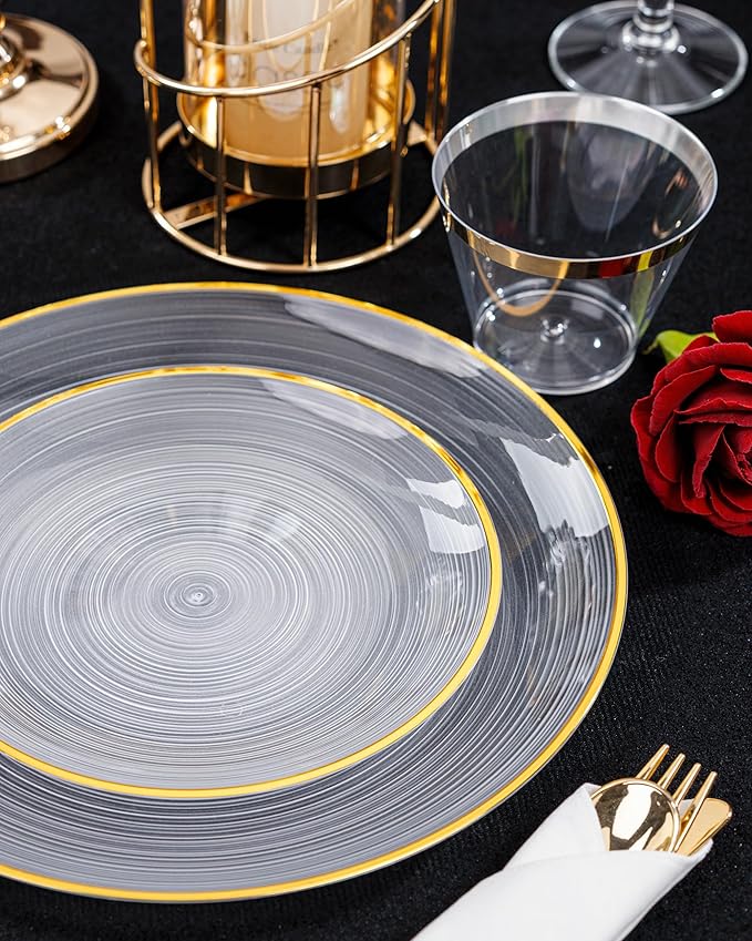 Morejoy 175PCS Clear Gold Plastic Plates - Disposable Gold Party Plates & Pre Rolled Napkins with Cutlery for 25 Guests, 50Plates, 75Silverware, 25Cups, 25Napkin for Party & Wedding & Mother's Day