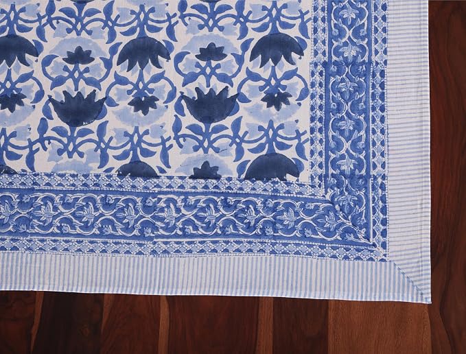 ATOSII Positano Blue 100% Cotton Rectangle Fall Tablecloth, Handblock Floral Linen Table Cloth for Dining Table I Parties Christmas Thanksgiving Grand Millennial Home Decor 72 X 120 Inches I 10 Seater