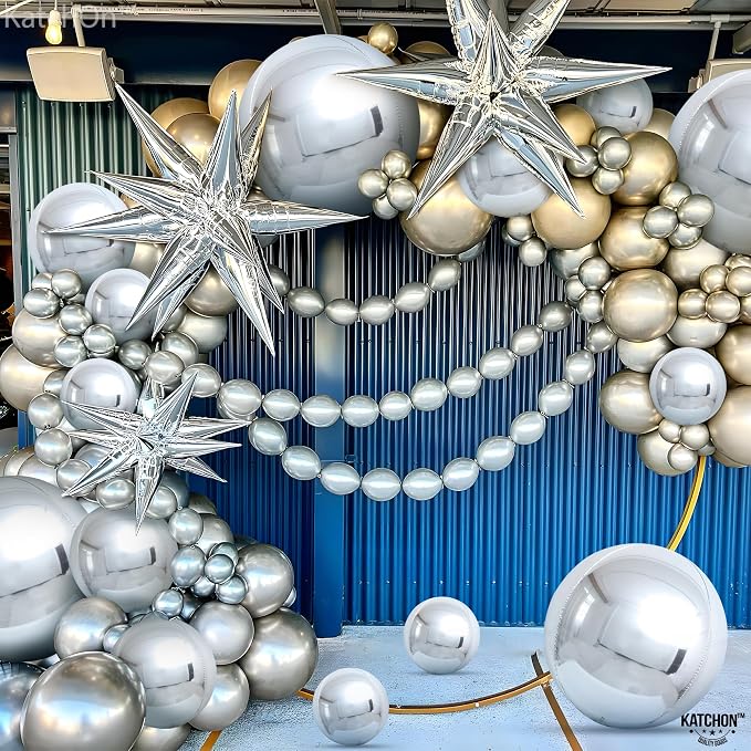 Metallic Silver Balloons - 22 Inch, Pack of 14 | 4D Round Foil Balloons for Silver Party Decorations | Silver Balloons For Birthday Decorations, Disco Party Decorations | KatchOn