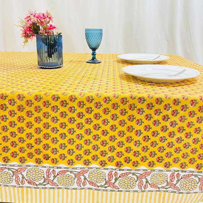 Ridhi Mustard Yellow Hand Block Print Cotton Rectangle Tablecloth 190" x 72" inches Reusable Table Cover Decorative Everyday Use for Dining Room, Farmhouse, Home Gift for Spring, Mother's Day