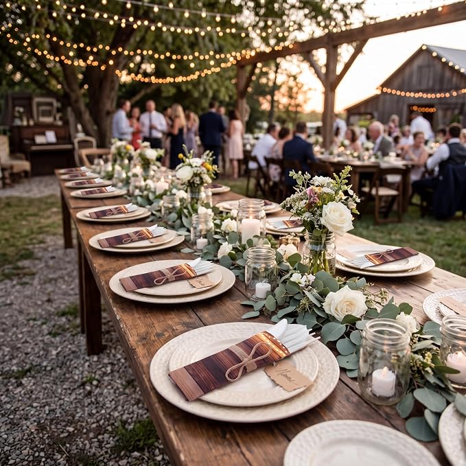 400 Pcs Rustic Wood Grain Wedding Supplies Biodegradable Disposable Tableware Set for 100 Guests Knives Spoon Fork Paper Napkins for Bridal Shower Camping Birthday Forest Themed Party