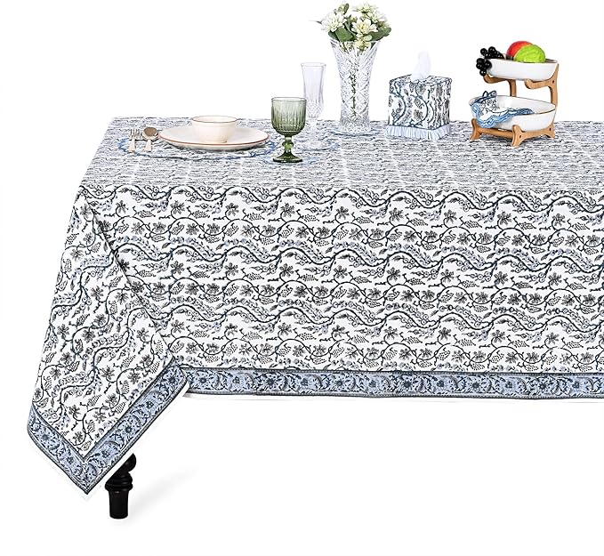 Ridhi Baby Blue Eyes Hand Block Print Cotton Rectangle Tablecloth 90" x 60" inches Reusable Table Cover Decorative Everyday Use for Dining Room, Farmhouse, Home Gift for Spring, Mother's Day