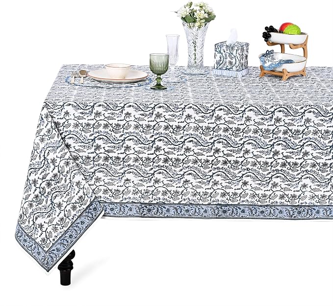 Ridhi Baby Blue Eyes Hand Block Print Cotton Rectangle Tablecloth 108" x 70" inches Reusable Table Cover Decorative Everyday Use for Dining Room, Farmhouse, Home Gift for Spring, Mother's Day