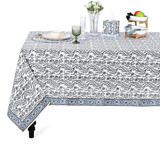 Ridhi -Baby Blue Eyes 60x60 Inches Square 100% Cotton Hand Block Print Tablecloth Washable Halloween Thanksgiving/Christmas Parties/Wedding Use,Fall décor Farmhouse Dining Dinner tablecloths