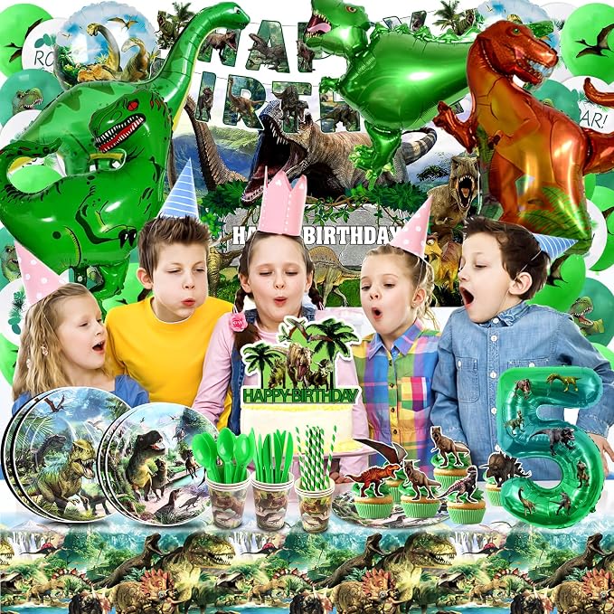 Dinosaur Birthday Decorations,Dino Theme Party Supplies&Decorations,Dinosaur 5th Birthday Party Supplies Include Banner, Backdrop, Tableware Set, Tablecloth, Cake Toppers, Balloons