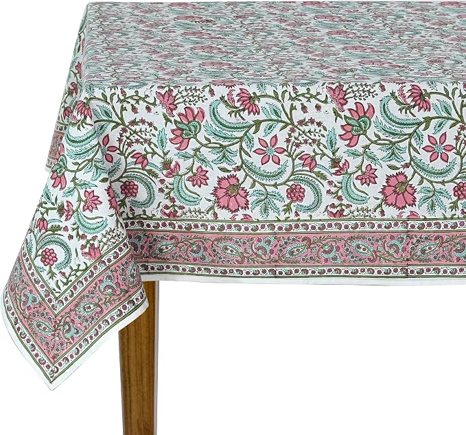Ridhi Tulip Pink Hand Block Print Cotton Rectangle Tablecloth 140" x 72" inches Reusable Table Cover Decorative Everyday Use for Dining Room, Farmhouse, Home Gift for Spring, Mother's Day
