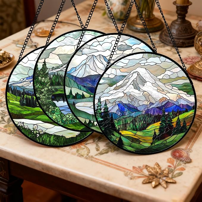 DASTOLL Stained Glass Window Hanging 4 Pcs Set Mountains Lake Green White Landscape 6.3" - Suncatcher Door Garden Sun Catcher Decor Birthday Christmas for Mom Woman Nana Men