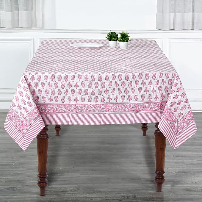 Ridhi Taffy Pink Hand Block Print Cotton Rectangle Tablecloth 160" x 72" inches Reusable Table Cover Decorative Everyday Use for Dining Room, Farmhouse, Home Gift for Spring, Mother's Day