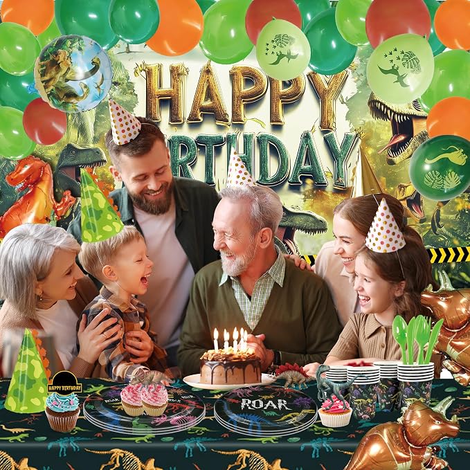 Party Spot!149 pcs Dinosaur Birthday Decorations, 12 Tableware Sets, Balloon Garland, Backdrop, Hanging Swirls, Dinosaur Birthday Party Decorations for kids