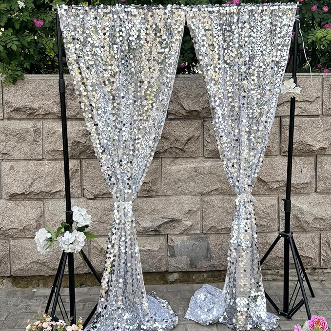 Silver Sequin Backdrop 18MM Large Sequins, 4x10 Feet, 2 Panel Glitter Sparkler Shimmer Backdrop for Decor, Parties, Home