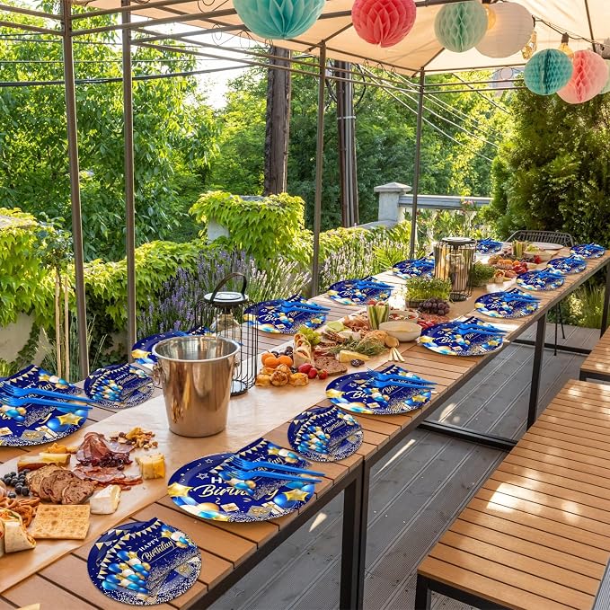 gisgfim 50 Guests Blue and Gold Birthday Plates and Napkins Party Supplies Navy Blue Party Tableware Set Blue Birthday Decorations Favors for Men Women Baby Shower 200 PCS