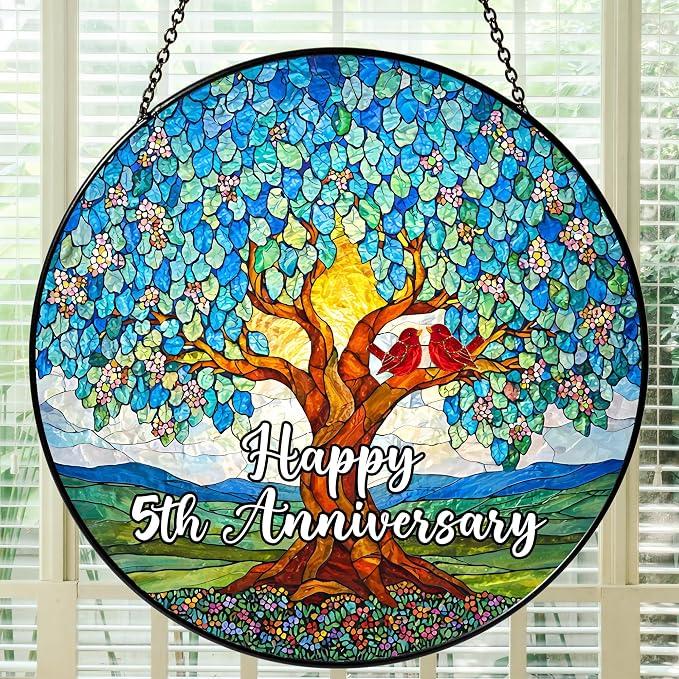 5th Wedding Anniversary Stained Glass Suncatcher, 6x6' Anniversary Decorations, 5th Celebration Marriage Gifts for Parents, Couple, Wife & Husband, 5 Wedding Milestone Keepsake