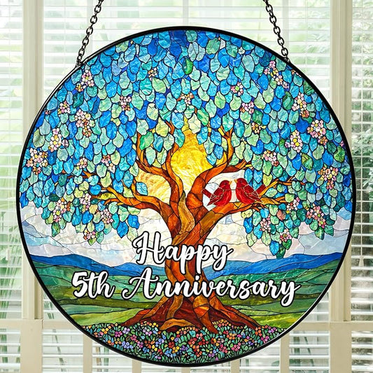 5th Wedding Anniversary Stained Glass Suncatcher, 6x6' Anniversary Decorations, 5th Celebration Marriage Gifts for Parents, Couple, Wife & Husband, 5 Wedding Milestone Keepsake