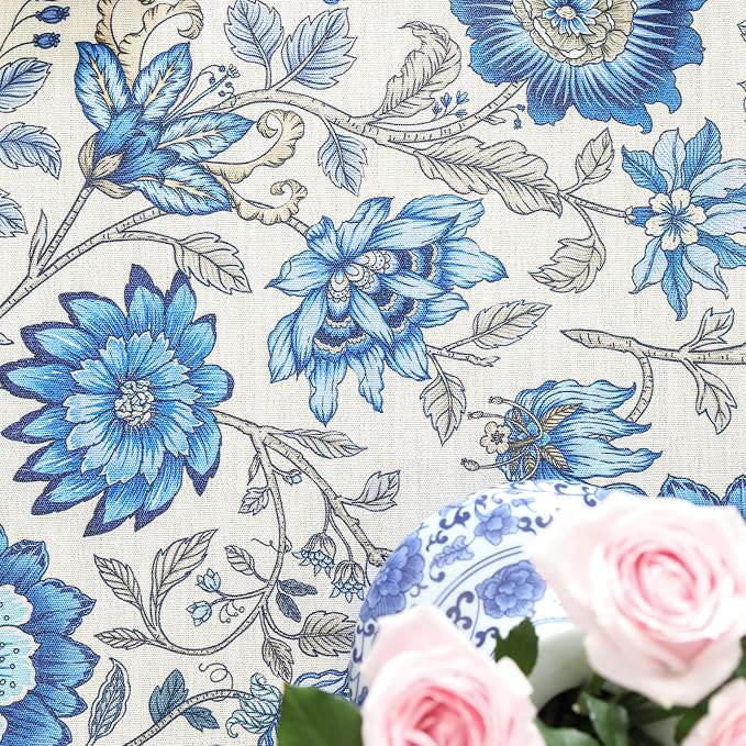 ISAENNE Designer French Linen Rectangular Tablecloth,94"x63"-Blanch | Chinoiserie Vintage Elegant Table Cloth Rectangle Table,Blue Floral Pattern,Beautiful,Dining Room,Kitchen,Thanksgiving