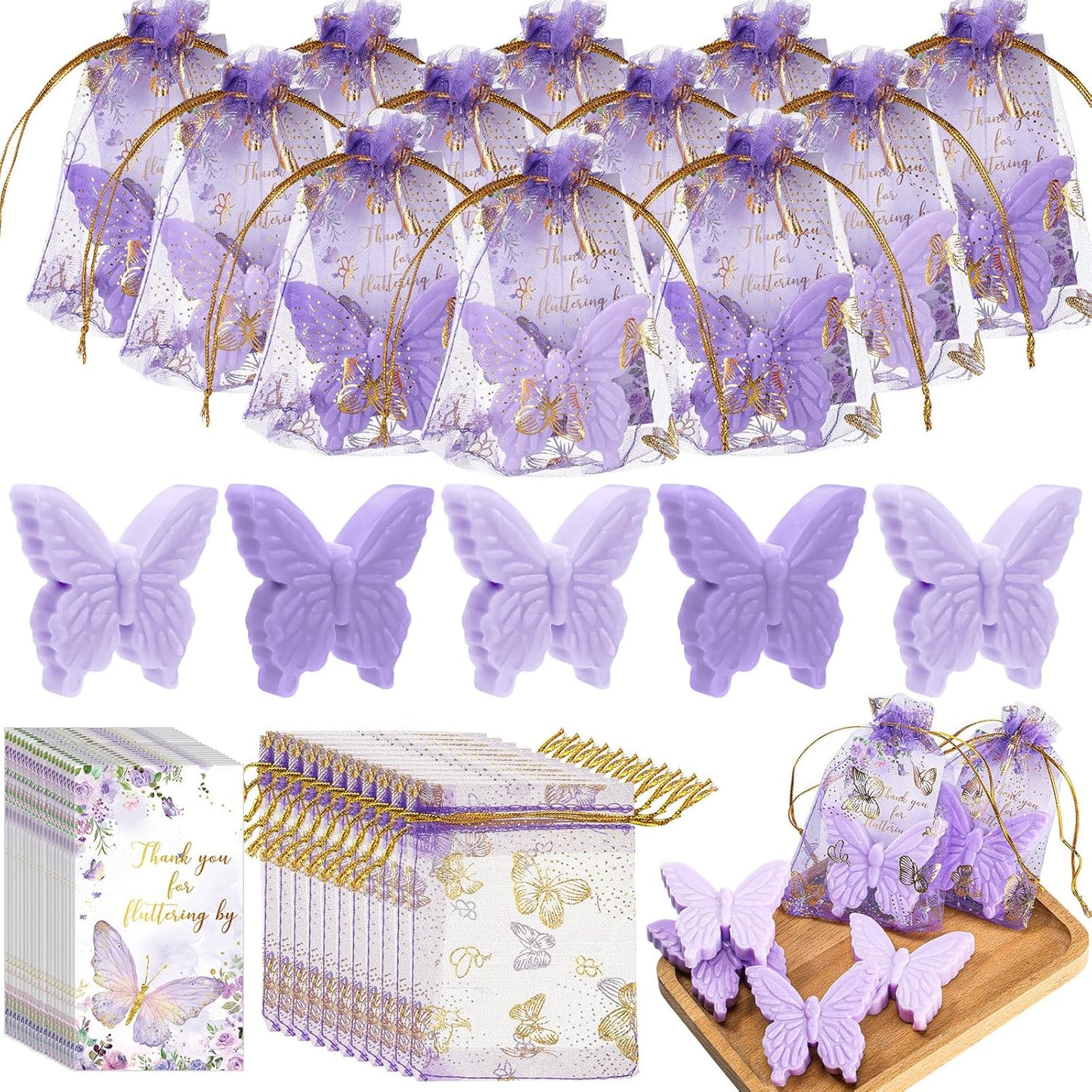 Dunzy 100 Sets Butterfly Theme Baby Shower Favors for Guests Butterfly Soap with Thanks You Cards Gift Bags Gender Reveal Baptism Party Decorations Wedding Bridal Party Favor (Purple,Light Purple)