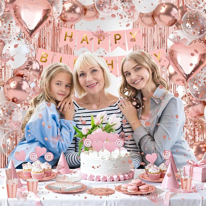 Rose Gold Butterfly Birthday Decorations Kit, All in One Pink Happy Birthday Banner Fringe Curtain Heart Foil Balloons Tableware Set, Girls Women Birthday Party Supplies Backdrop Decor