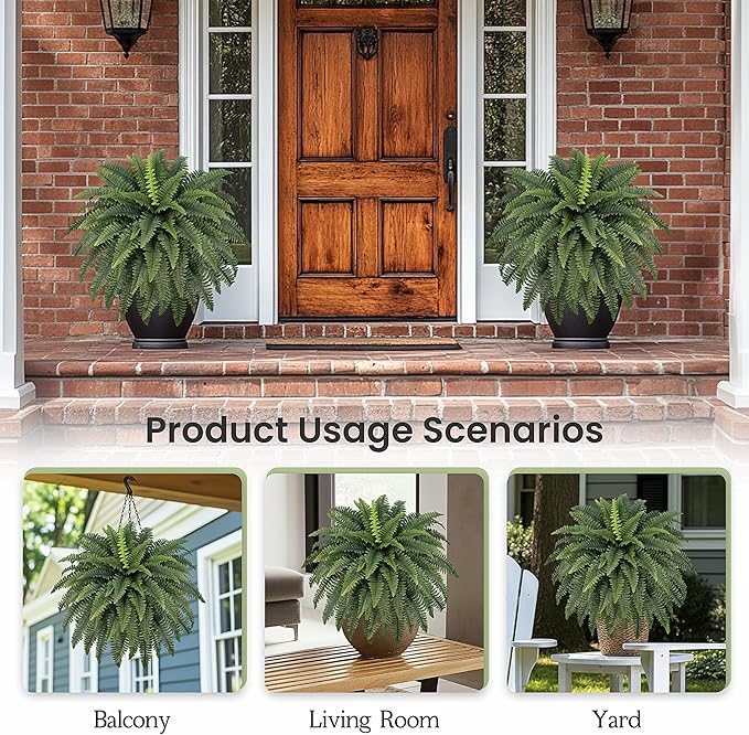 FOREST PRINCE 42" Artificial Boston Fern Large Bush Plants, 2 Bundles of Fake Ferns with 65 Fronds for Outdoors Home Decor