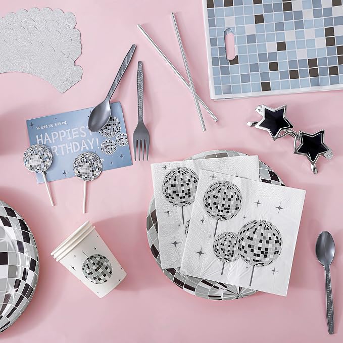 ecoZen Disco Birthday Decorations Set - Sparkly Themed Supplies with Disco Ball Decor, Iridescent Balloons, Tableware, Flatware, Cupcake Liners, Table Cover, Happy Birthday Banner, Party Favor Bags