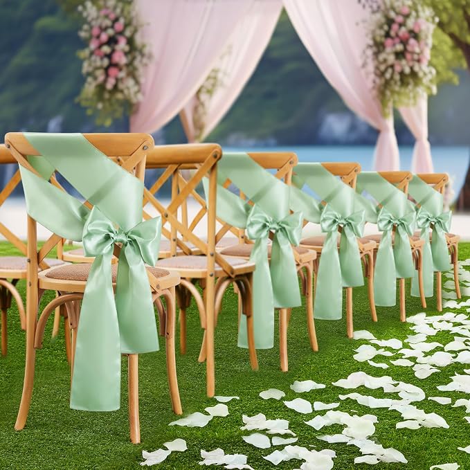 10 Pcs Sage Green Satin Chair Sashes Bows Universal Chair Cover for Wedding Reception Events Banquets Party, Hotel Event Decorations, 6 x 108 inch