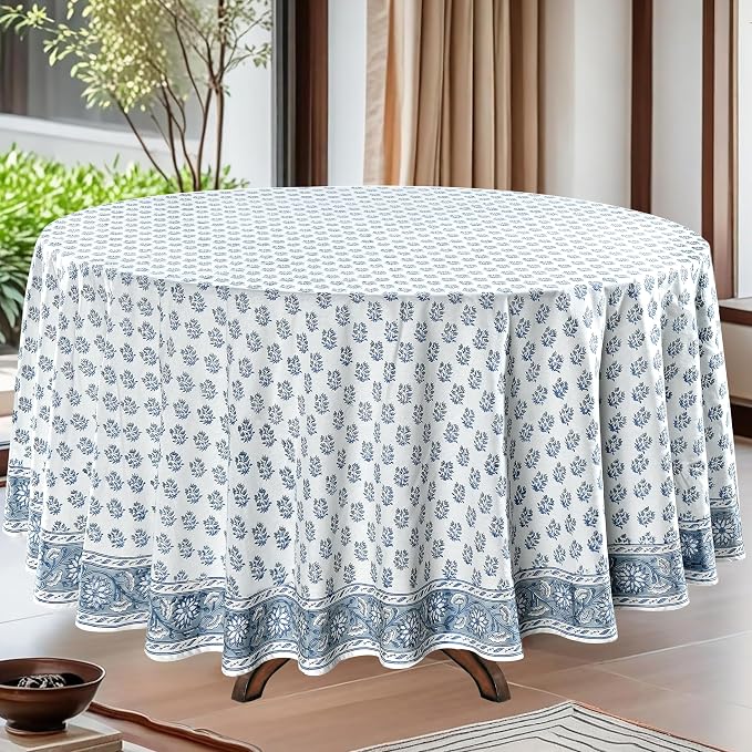 Ridhi Round Tablecloth Hand Block Print 100% Cotton Reusable Sky Beau Blue 120 Inch Table Cover Decorative Everyday Use for Dining, Home, Party, Wedding, Farmhouse, Party Gift for Spring, Mother's Day