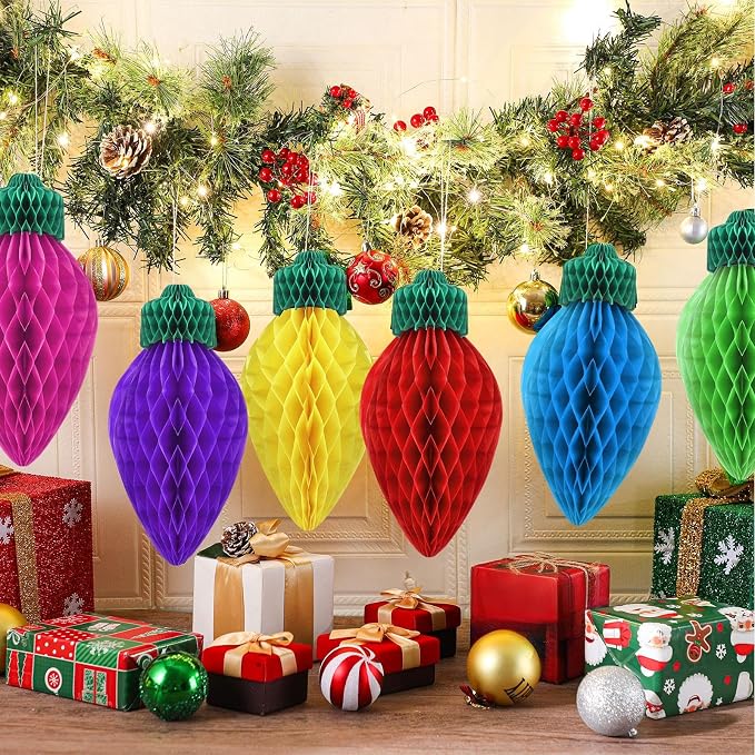 12 Pcs 12'' Jumbo Christmas Lights Honeycomb Hanging Decorations Large 3D Light Bulb Shaped Xmas Assorted Colors Honeycomb Ornament for Christmas Classroom Decorations
