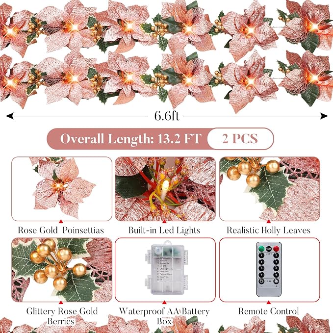 Zubebe 2 Pcs Prelit Poinsettia Christmas Garland with String Lights Glitter Holly Leaves Berries Remote Timer 8 Modes 6.5 ft Lighted Flower Garland Battery Operated Indoor Outdoor Decor(Rose Gold)