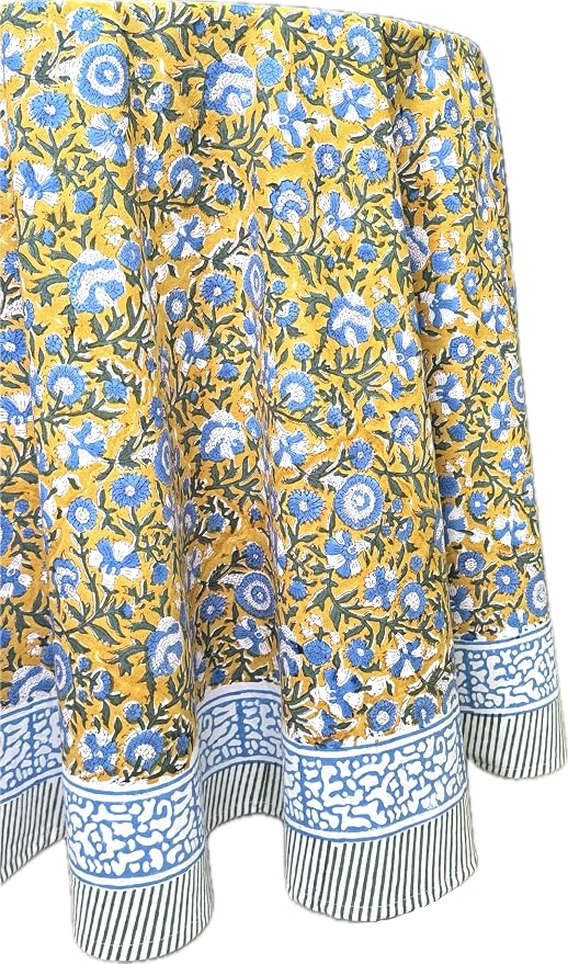 ATOSII Marigold Blue100% Cotton Round Tablecloth, Block Print Floral Table Cloth for Dining, Parties, Weddings, Outdoors, Holidays I 60 Inches I Grandmillennial Farmhouse Spring Summer Boho