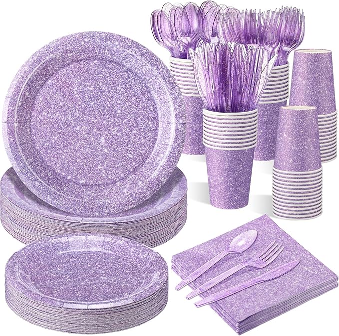 Hushee 175 Pcs 25 Guests Pastel Purple Paper Party Plates and Cups Napkins Sets Holographic Glitter Disposable Dinnerware Plastic Forks Knives Spoons Birthday Bachelorette Wedding Party Supplies