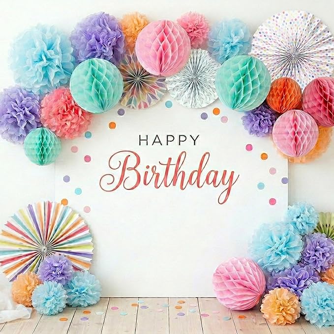 PapaKit 26pc Deluxe Large Multicolor Party Decoration Set - Vibrant Tissue Paper Pom Poms, Honeycomb Balls & Hanging Paper Fans Backdrop - Festive Decor for Birthday, Baby Shower, Fiesta & Photo Booth