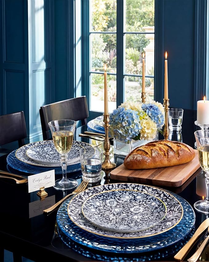Hioasis 60pcs Plastic Disposable Plates Set - Blue & White Floral Pattern with Gold Rim, 10.25 Dinner & 7.5 Dessert Plates for Wedding,Anniversary,Party and Holiday