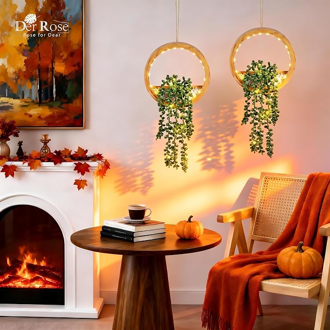 Der Rose 2 Pack Lighted Hanging Plants, Artificial String of Pearls Plants with Warm LED Lights, Aesthetic Fake Plants for Wood Tone Bedroom Bathroom Living Room Wall Decor, Party & Gift for Women