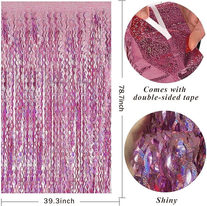 Pink Backdrop Party Decorations Pink Streamers Tinsel Foil Fringe Curtains Wavy Sparkle Metallic Pink Curtain Photo Booth Props for Birthday Wedding Valentines Day Bachelorette Decorations